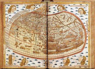 Verdenskart over Claude Ptolemee Menneskehodene som blåser luft representerer de forskjellige vindene (hvis navn er angitt). I latinsk geografi. til den mest salige far Paul II, Storpaven. Nicholas sine gaver." Geografimanuskript dedikert til pave Paul II. av Unknown artist
