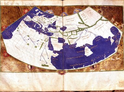 Verdenskart over Claudius Ptolemaeus (Claude Ptolemee, 90-168 ap JC), gresk astronom og astrolog - Representasjon av den flate jorden uten nord- og sørpolen og uten den amerikanske inneholder - 1400-tallsmanuskript - Venezia, Biblioteca Marciana av Unknown artist