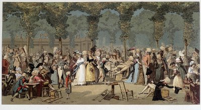 Verdensvandring gjennom hagen til det kongelige palasset, sent på 1700-tallet - kromo etter graveringen av Debucourt av Unknown artist