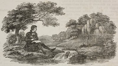 Forfatter under treet foran bekken, illustrasjon fra Universal Theatre, Encyclopedic and scenographic collection, nr. 575, 19. juli av Unknown artist