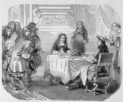 Dere ser meg, mine herrer, sa kongen, er opptatt med å spise Moliere: Louis XIV og Moliere attables - i «Paris gjennom århundrene»» av Unknown artist