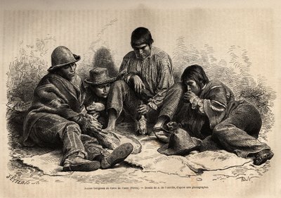 Unge indianere fra Cerro de Pasco (sentrale Peru), samles til frokost. Gravering for å illustrere Les iles Chincha, rettet av L.Simonin, i 1860, publisert i "Le tour du monde, nouveau journal des voyages", redigert av Edouard Charton av Unknown artist