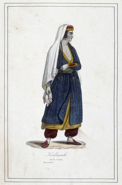 Ung Kalmouk-kvinne (mongolske folk i Sør-Sibir) - i "" Jordens forskjellige folk"" av Fr. Jouhanneaud, Librairie des Bons Livres, Limoges av Unknown artist
