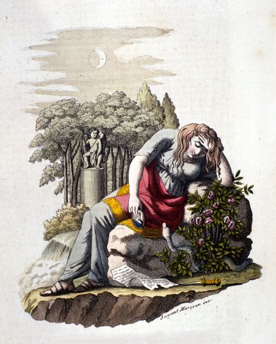 Ung jente gråter etter å ha lest et brev fra kjæresten sin. av Unknown artist