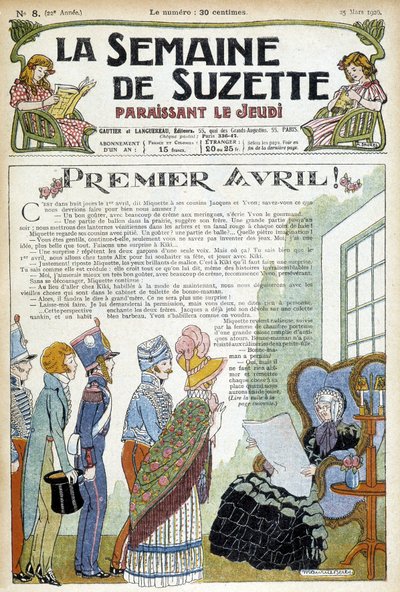 Unge mennesker besøker en eldre dame. Forsideillustrasjon av avisen «La semaine de Suzette» fra mars 1926. av Unknown Artist
