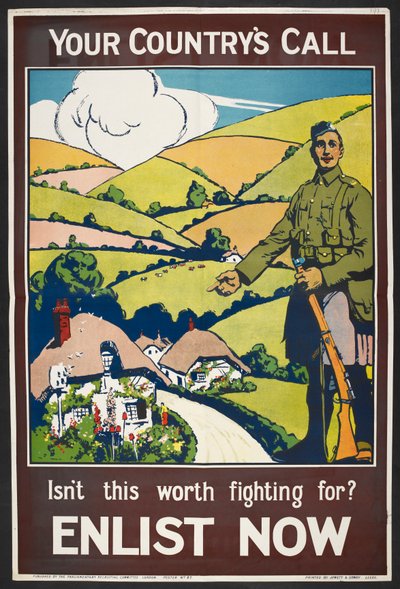 «Ditt lands kall ...». En rekrutteringsplakat som viser den britiske landsbygda, «dette grønne og hyggelige landet». av Unknown artist