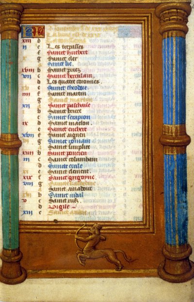 Zodiac Skytten og helgener for november måned - middelalder i miniatyr (ref.: 135, 006r): forespørsel om tillatelse fra kommunalbiblioteket i Toulouse (tlf: 05 62 27 66 66) av Unknown artist