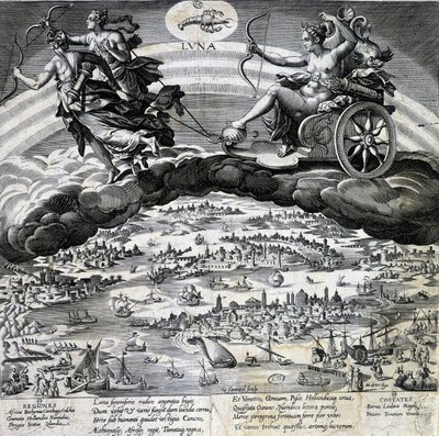 Stjernetegn Kreft. Moon, representasjon av tanken til Semelee. Gravering av 1800-tallet. av Unknown artist