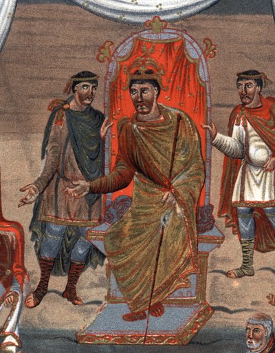 detaljer om: Charles II the Bald (823 - 877), konge av Frankrike som mottar en delegasjon av munker fra Tours.Fac-Simile i kromolitografi fra 1800-tallet etter en miniatyr fra det X. århundre bevart på B.N. av Paris. av Unknown artist