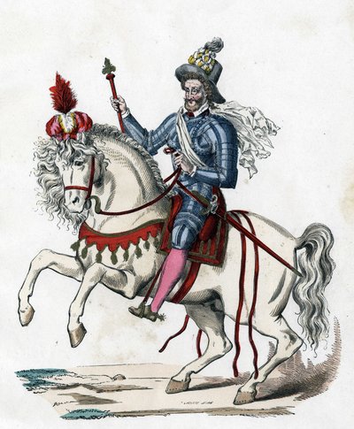 equestrian portrait of the King of France Henri IV in 1596 (1553-1610) -in “” The Civil and Military Costumes of the French through the Centuries Paris F. Roy 1882”. av Unknown artist