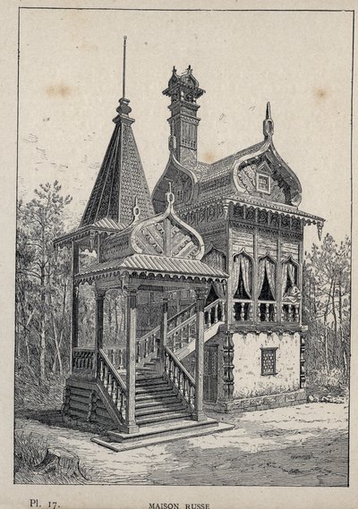 Russisk hus - Russisk hus - gravering av 1889 i "History of human habitation at the Universal Exhibition of 1889, by Mr Charles GARNIER - Librairie centrale des beaux-arts Paris 1889 av Unknown artist