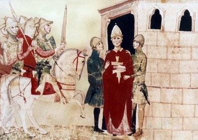 pave Boniface VIII (1294-1303) her fange i Anagni i 1303, illustrasjon fra 1300-tallets manuskript av Unknown artist