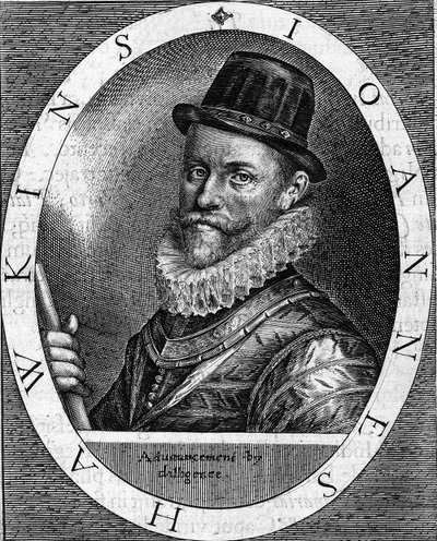 portrett av Sir John Hawkins (Hawkyns) engelske admiral (1532-1595), kjent for å være den første som handlet med svart, foretok han flere turer, finansielt av London-kjøpmenn, mellom Afrika og Amerika. Gravering fra 1620. av Unknown artist