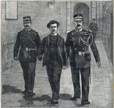 the Italian anarchist Luigi Luccheni (Lucheni) assassin of the Impress Elizabeth of Austria (Sissi) brought to the Court of Justice in 1898. av Unknown artist