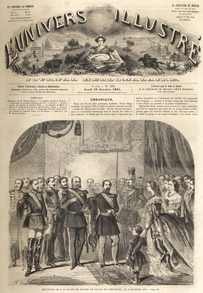 the visit of William, the king of Prussia, to Napoleon III, the emperor of the French, at Compiegne, France 1861 - Visit of William I of Prussia (1797-1888) to Compiegne en presence of Napoleon III - Engraving from “” The Illustrous Universe” av Unknown artist