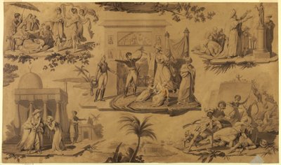 Tegning, tegneserie for trykt bomullstekstil: Franskmennene i Egypt [Les Francais en Egypte], ca. 1815 av Unknown artistUnknown artist