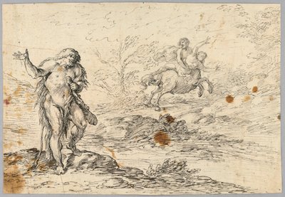 Tegning, Kentaur som redder jomfruen fra klubbsveisende skapning, 1500-–1800-tallet av Unknown artistUnknown artist