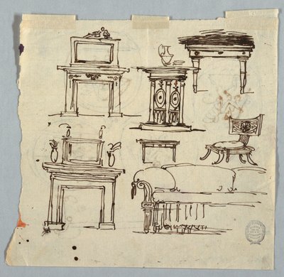 Tegning, skorsteinsmøbler, møbler og takmedaljong, 1790–1810 av Unknown artistUnknown artist
