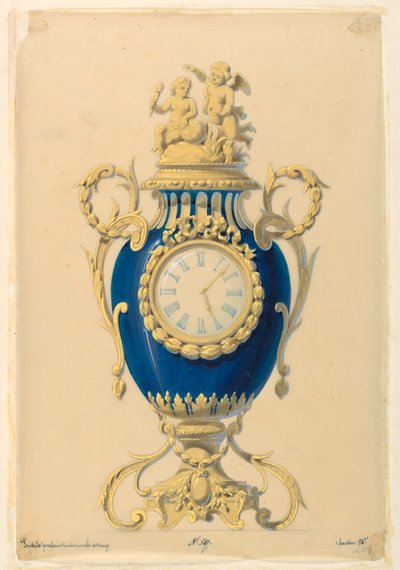 Tegning, klokkesett i porselen, ca. 1855 av Unknown artistUnknown artist