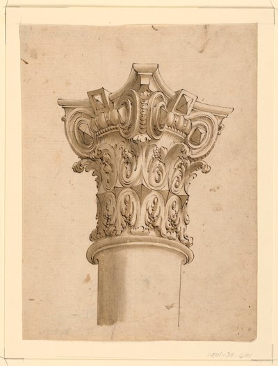 Tegning, hjørnevisning av sammensatt kapitæl, 1625–1650 av Unknown artistUnknown artist