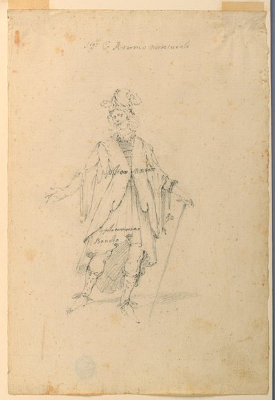 Tegning, kostymedesign: En mann i fantastisk antrekk til en ballett, ca. 1720 av Unknown artistUnknown artist