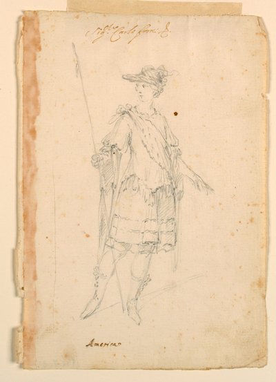 Tegning, kostymedesign: Amerika for en ballett, ca. 1720 av Unknown artistUnknown artist