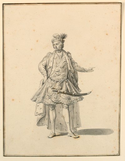Tegning, kostymedesign: Persisk prins, for en sceneproduksjon designet av Giuseppe Galli Bibiena, 1719 av Unknown artistUnknown artist