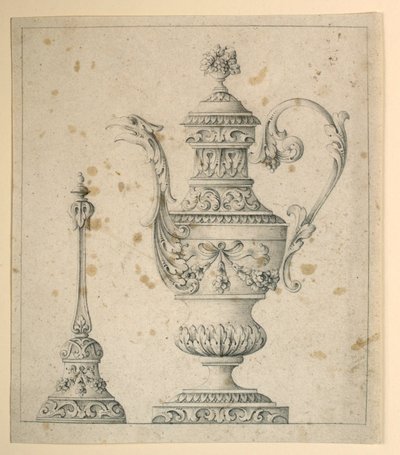 Tegning, Dekorert mugge og håndklokke, 1860–80 av Unknown artistUnknown artist