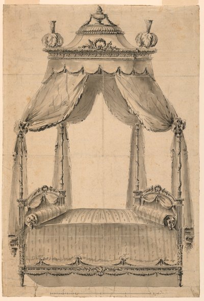 Tegning, design for en seng, ca. 1785 av Unknown artistUnknown artist