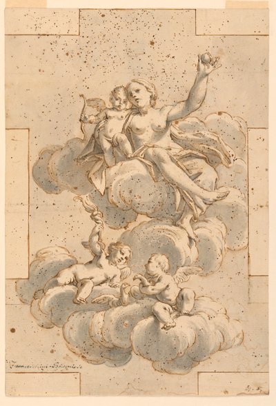 Tegning, design for et takmaleri, Venus, Cupid og Putti, 1700–29 av Unknown artistUnknown artist