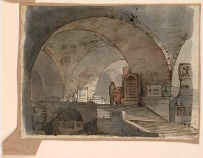 Tegning, scenografi, underjordisk hvelvrom med graver, tidlig på 1800-tallet av Unknown artistUnknown artist