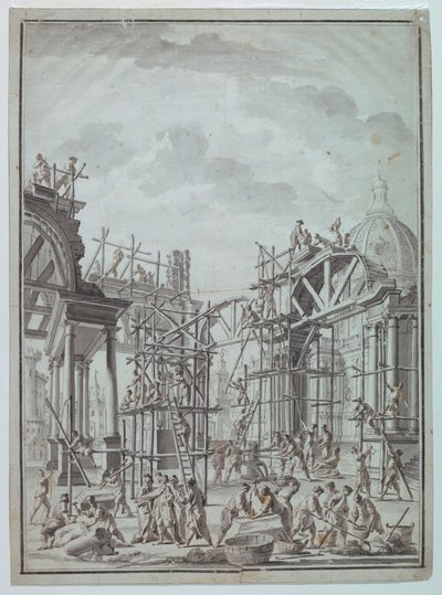 Tegning, Arbeidere som bygger arkader, ca. 1740 av Unknown artistUnknown artist