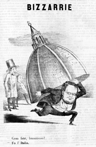 - Hva gjør du, sir? - Jeg gjør Italia (Cavour med kuppelen i Firenze) satirisk gravering av Il Fischietto av Unknown artist