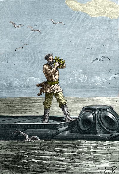 20 000 ligaer under havet. Kaptein Nemo på ubåten "Nautilus". Illustrasjon fra romanen av Jules Verne "Tjue tusen ligaer under havet" (tjue tusen - 20 000 - 20 000) av Unknown artist
