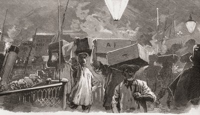 Klokken 05.00 på Billingsgate Fish Market i London, England på 1800-tallet av Unknown artist