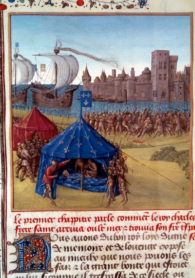8. korstog: Døden til Saint Louis (Louis IX) (1214/1215-1270) fra pesten i Tunis. Miniatyr hentet fra "" Le livre des faits de Monseigneur Saint Louis""" Paris fra 1400-tallet, B.N. av Unknown artist