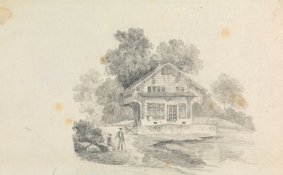 En hytte med to figurer foran av Unknown artist