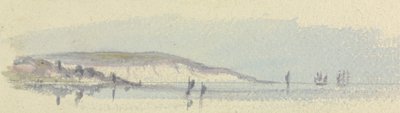 En kystlinje med skip til sjøs av Unknown artist
