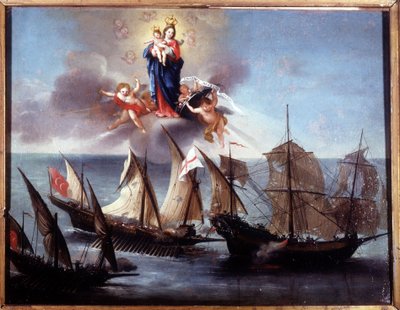 En Genova-båt angrepet av en galiot og en barbarisk halvbysse. Ex-voto 1796. Sjømuseet i Genova-Pegli. av Unknown artist