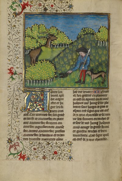 En jeger og en hund undersøker et hjortes spor av Unknown artist