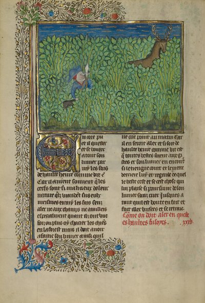 En jeger og en hund som sporer i et kratt av Unknown artist