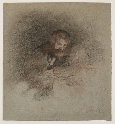 En mann som leser i stearinlysets lys av Unknown artist