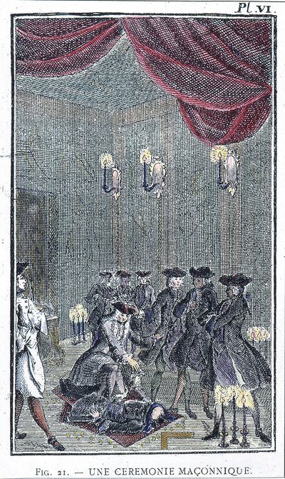 En frimurerseremoni - basert på en gravering fra samlingen "Order of the Betrayed Freemasons" av pater Perau av Unknown artist