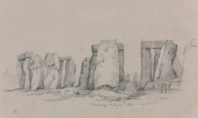 En utsikt over Stonehenge med to figurer i forgrunnen av Unknown artist