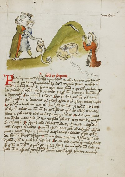 En kvinne i bønn og en slange på en høyde i nærheten; en mann som prøver å drepe en slange med en øks av Unknown artist
