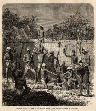 Et band med indiske sjonglører. Gravering for å illustrere reisen i meridionalprovinsene i India, av Alfred Grandidier, i 1862-1864, publisert i "" le tour du monde", under ledelse av D