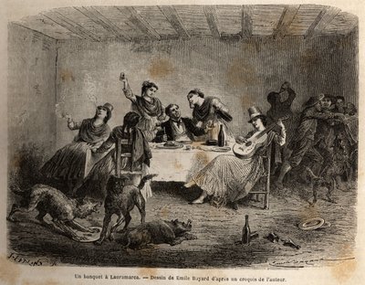 En bankett i Lauramarca (Nedre Peru), en mann omgitt av indiske kvinner, blir servert og bortskjemt, mens tjenerne hans drar nytte av distraksjonen hans, kolliderer uten hans viten. Gravering for å illustrere reisen i Quinquinas-dalene (Peru), av av Unknown artist
