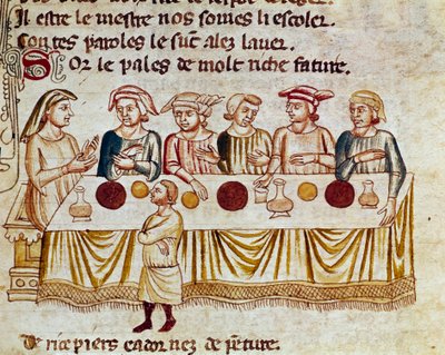 En bankettscene: en konge og hans gjester Miniatyr fra "" Entrree of Spain"". Venezia fra 1300-tallet, Biblioteca Marciana. av Unknown artist