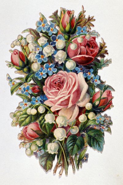 En bukett blandet med roser, liljekonvall. av Unknown artist