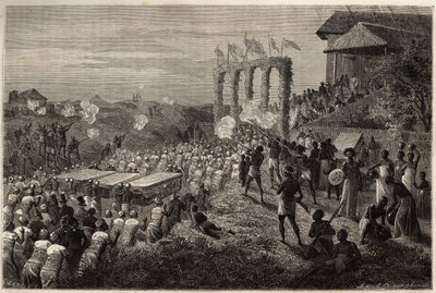 En brudekortege i Tete (Mosambik). Gravering for å illustrere Dr. Livingstones første reiser til Sør-Afrika fra 1840 til 1856, i «Le tour du monde, nouveau journal des voyages»» publisert under ledelse av Edouard Charton av Unknown artist